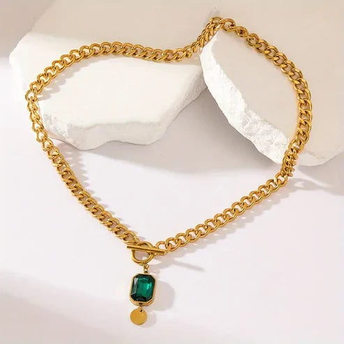 Chunky Chain Green Gem Pendant Necklace Jula Jewelry