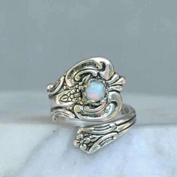 White Opal Spoon-Style Adjustable Ring Jula Jewelry