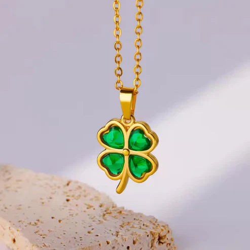 Gold Necklace with Green Clover Pendant Jula Jewelry