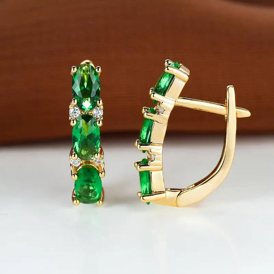 Gold and Emerald Vertical Hoop Earrings Jula Jewelry
