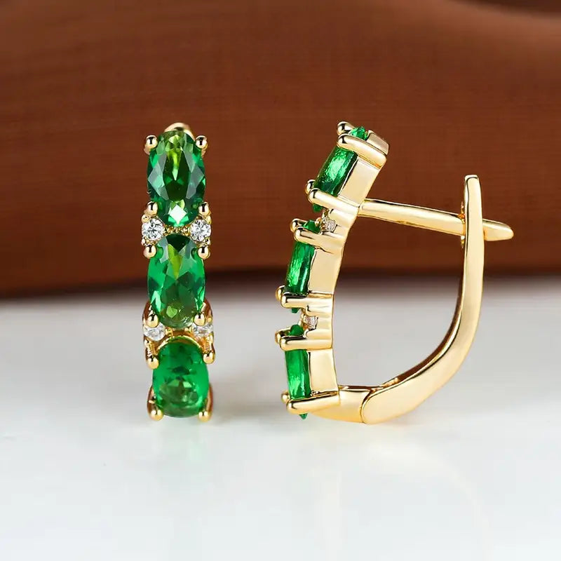 Gold and Emerald Vertical Hoop Earrings Jula Jewelry