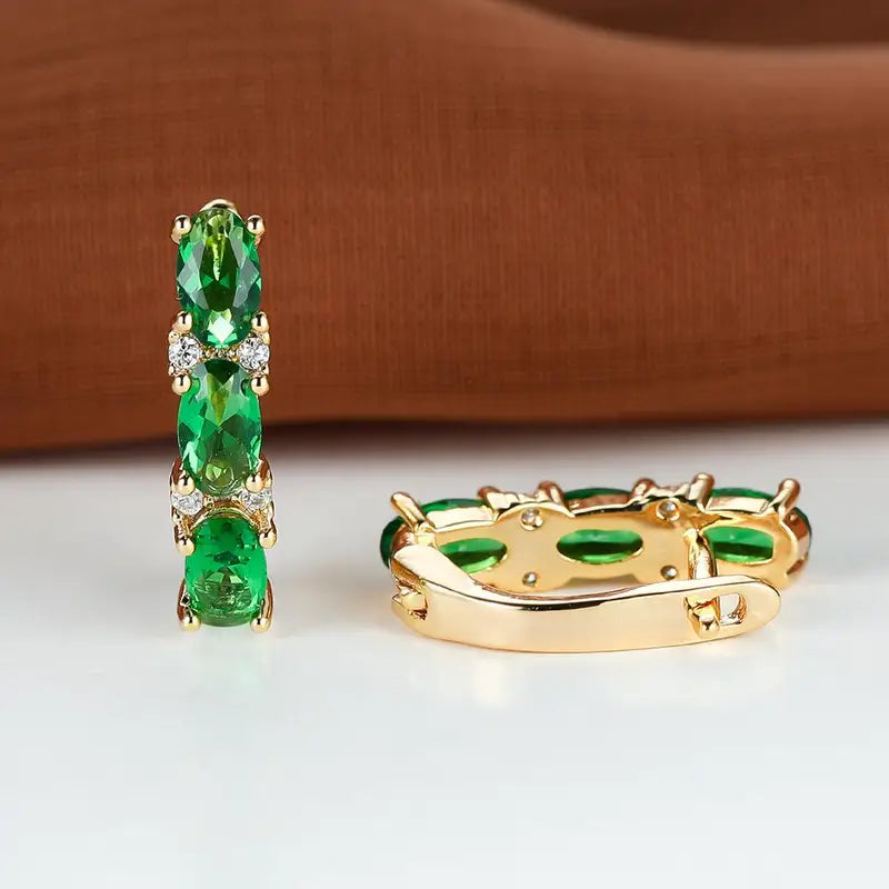 Gold and Emerald Vertical Hoop Earrings Jula Jewelry