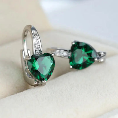 Silver Emerald Heart Hoop Earrings -> Silver Heart Hoop Earrings with Emerald Jula Jewelry