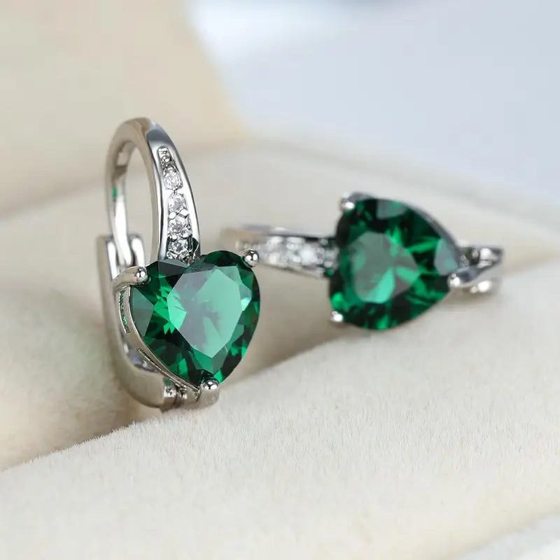 Silver Emerald Heart Hoop Earrings -> Silver Heart Hoop Earrings with Emerald Jula Jewelry