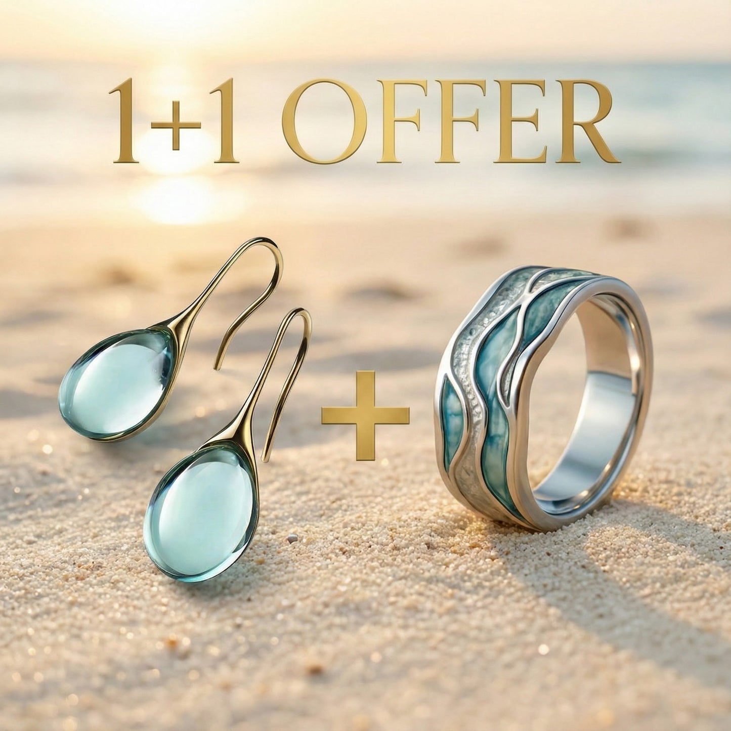 1+1 Deal: Aurora Ocean Beach Wave Ring + Crystal Drop Earrings in Gold and Silver Jula Jewelry