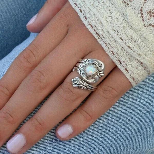 White Opal Spoon-Style Adjustable Ring Jula Jewelry