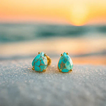 1+1 Offer: Vintage Turquoise Inlaid Stone Gold & Silver Ring + Mediterranean Drops – Turquoise Stone Stud Earrings Jula Jewelry