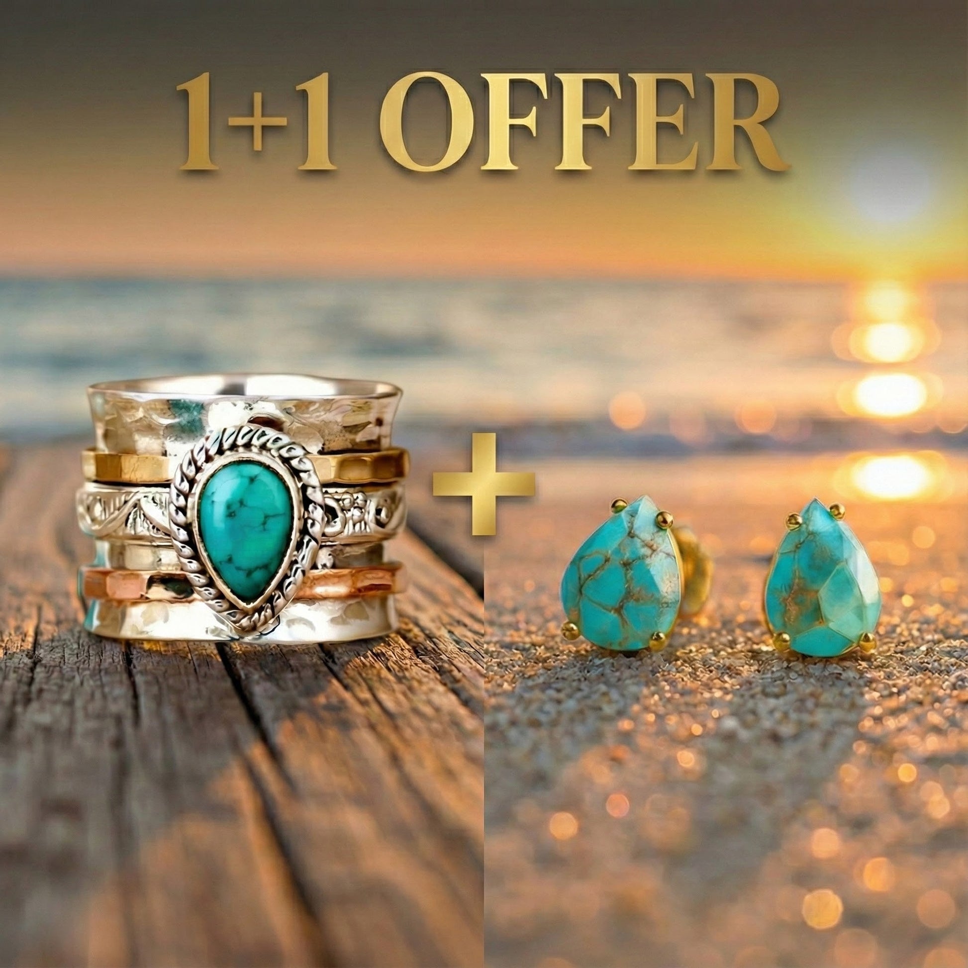 1+1 Offer: Vintage Turquoise Inlaid Stone Gold & Silver Ring + Mediterranean Drops – Turquoise Stone Stud Earrings Jula Jewelry