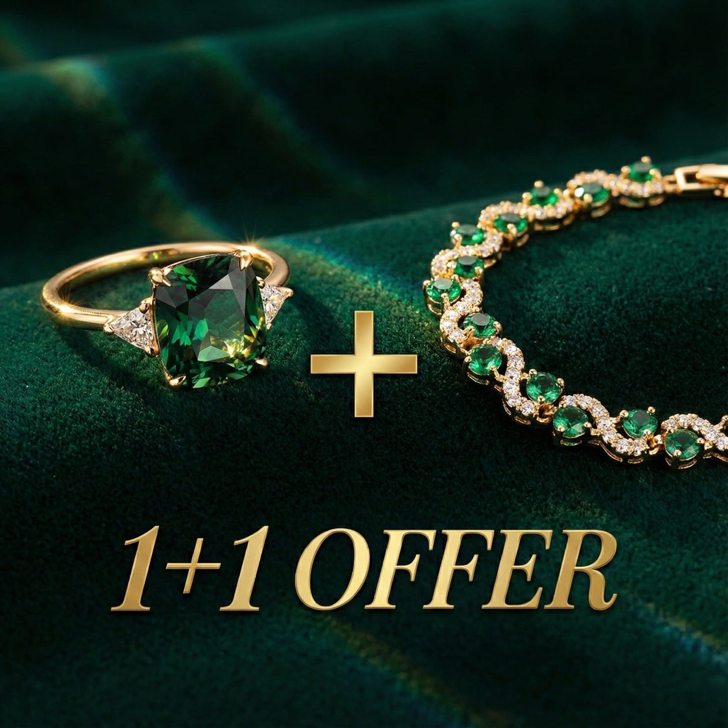 1+1 Offer: Fiora Emmeranthe Bracelet + Green Zirconia Ring in Gold Jula Jewelry