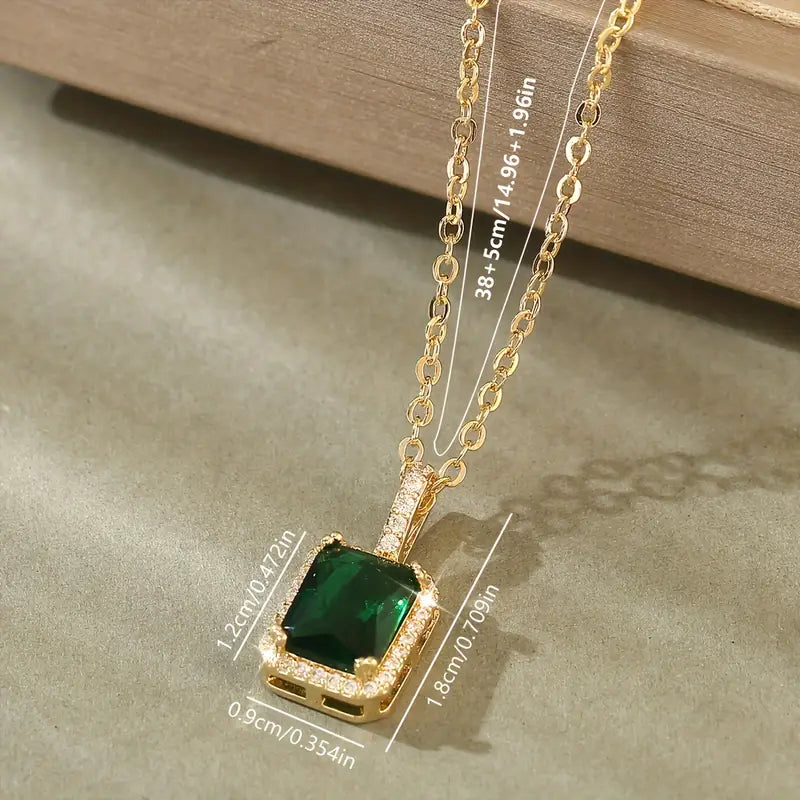 Emerald Gold Rectangular Halo Necklace Jula Jewelry
