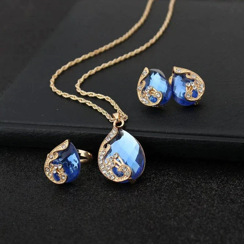 Blue Crystal Necklace and Earring Set in Gold Jula Jewelry