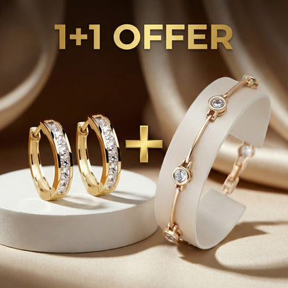 1+1 Offer: Elegant Gold and Crystal Earrings + Sophisticated Bracelet with Zirconias in Gold Jula Jewelry