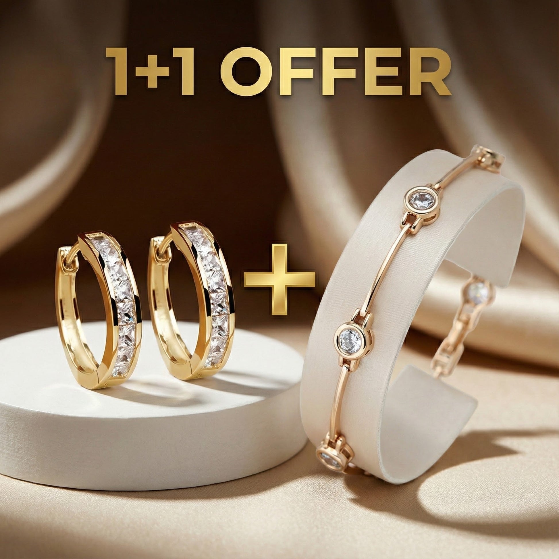 1+1 Offer: Elegant Gold and Crystal Earrings + Stylish Bracelet with Zirconias in Gold Jula Jewelry