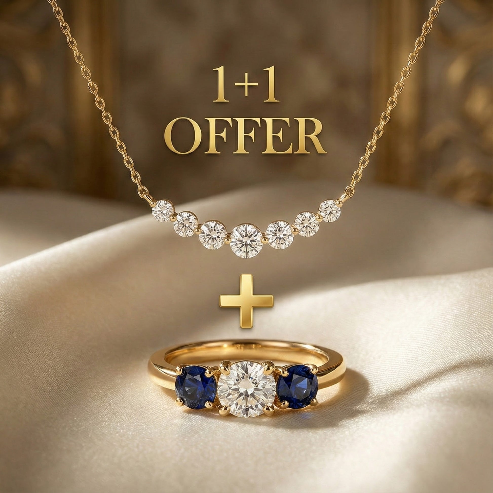 1+1 Offer: Golden Three Stone Cushion Cut White & Blue Sapphire Wedding Band Ring for Women + Round Cut White Sapphire Gold Pendant Necklace Jula Jewelry