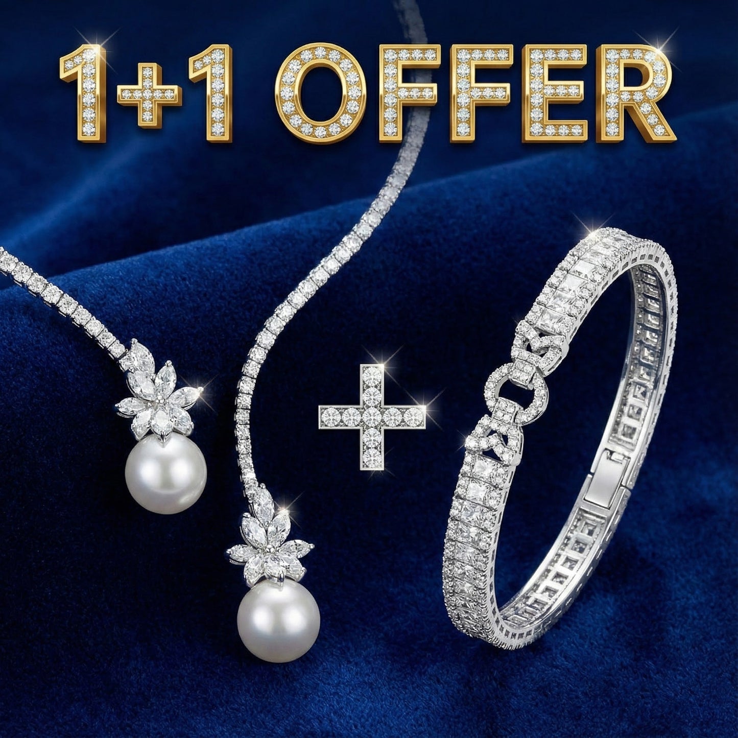 1+1 Offer: Elegant shiny necklace with pearls crafted from silver + White Sapphire Bracelet with Emerald Cut Jula Jewelry