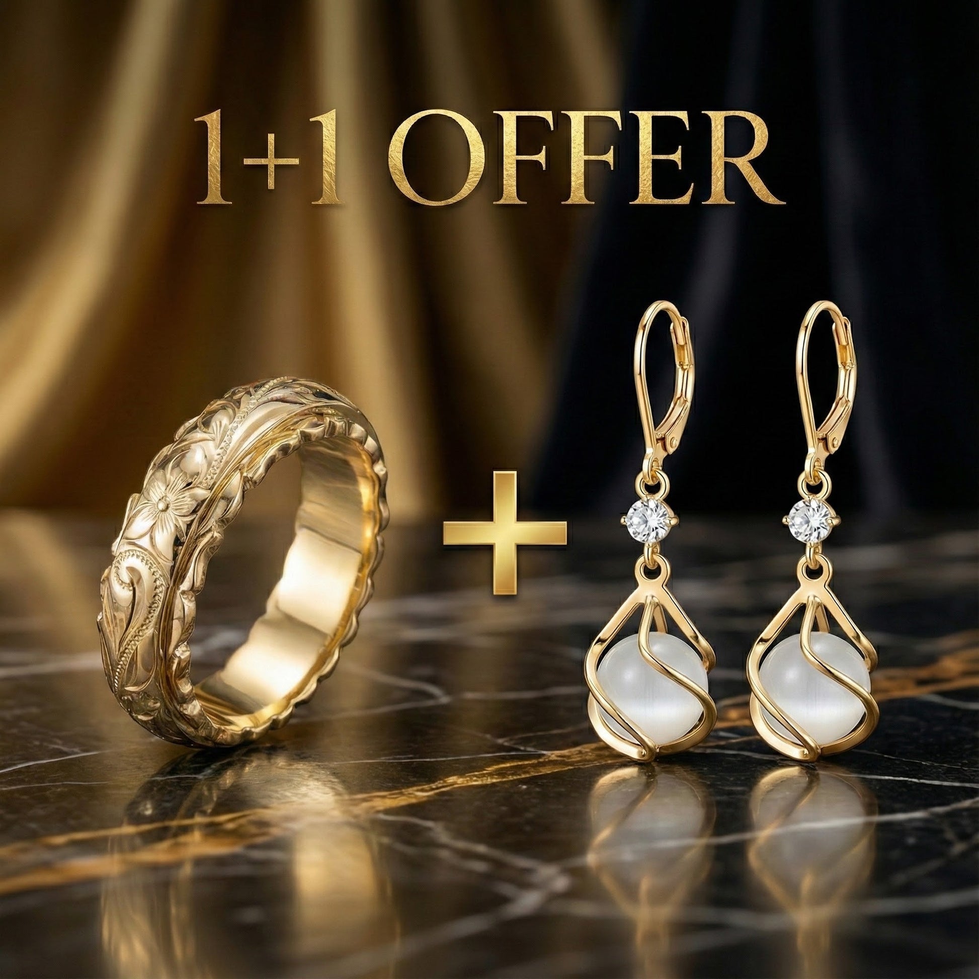 1+1 Offer: Vintage Gold Ring with Natural Design + Vintage White Opal Dangle Gold Earrings Jula Jewelry