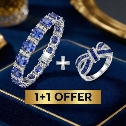 1+1 Offer: Oval & Round Cut Blue Tanzanite Bracelet + Knot Round Cut Blue Sapphire Wedding Band Jula Jewelry