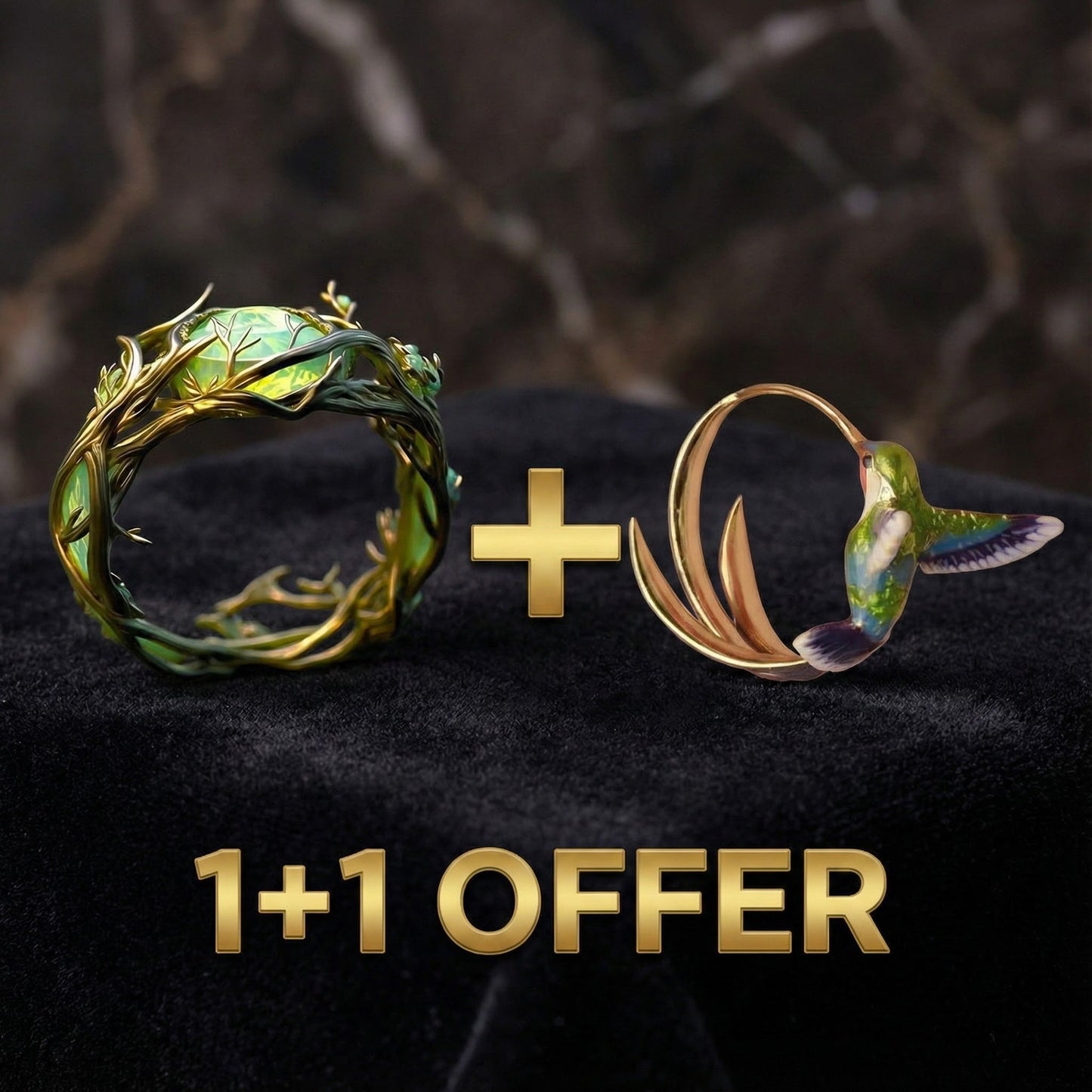 1+1 Offer: Vintage Enamel Hummingbird Hoop Earrings & Green Opal Natural Ring Jula Jewelry