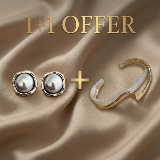 1+1 Offer: Elegant golden bracelet with white opal + Elegant earrings with black pearl Jula Jewelry