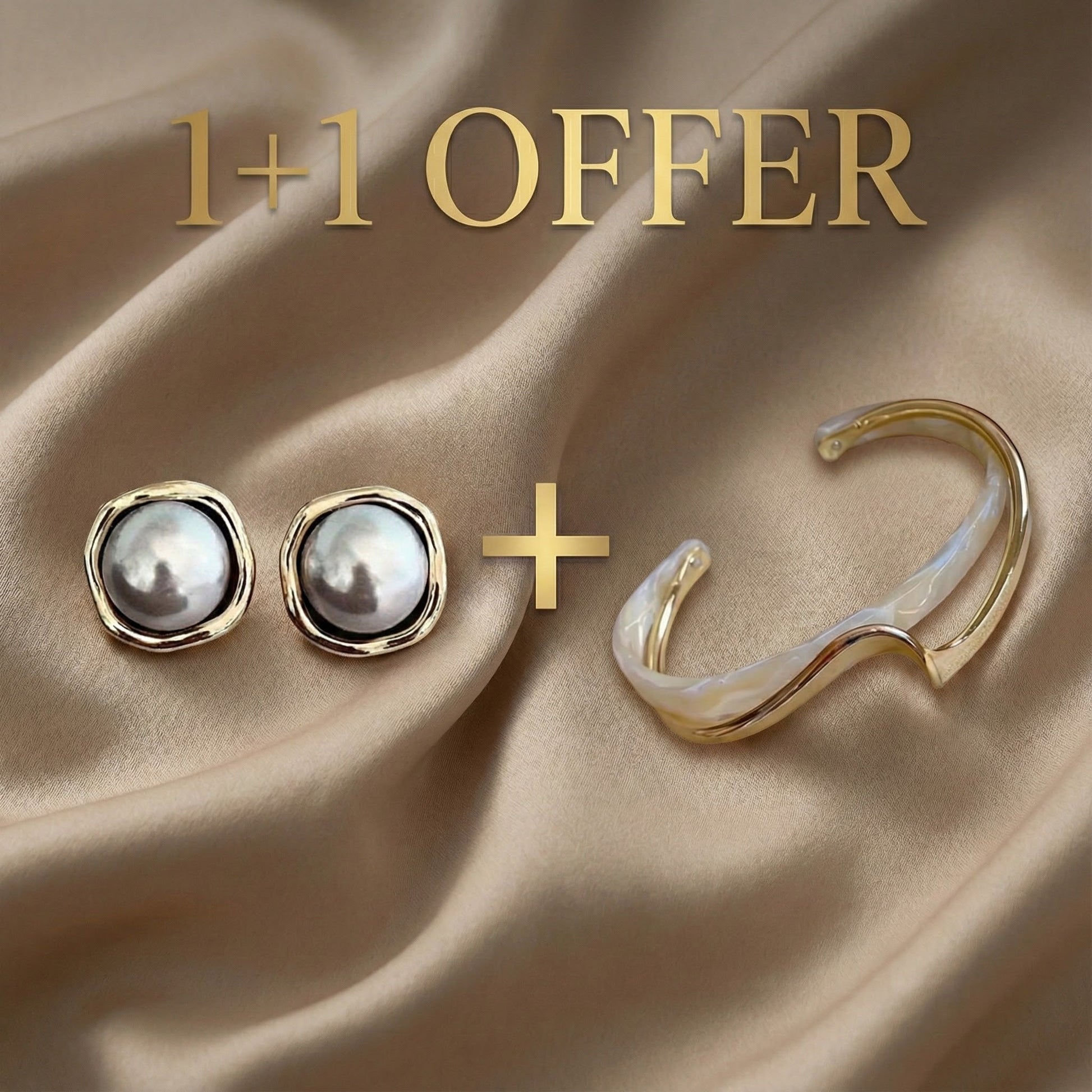 1+1 Offer: Elegant golden bracelet with white opal + Elegant earrings with black pearl Jula Jewelry