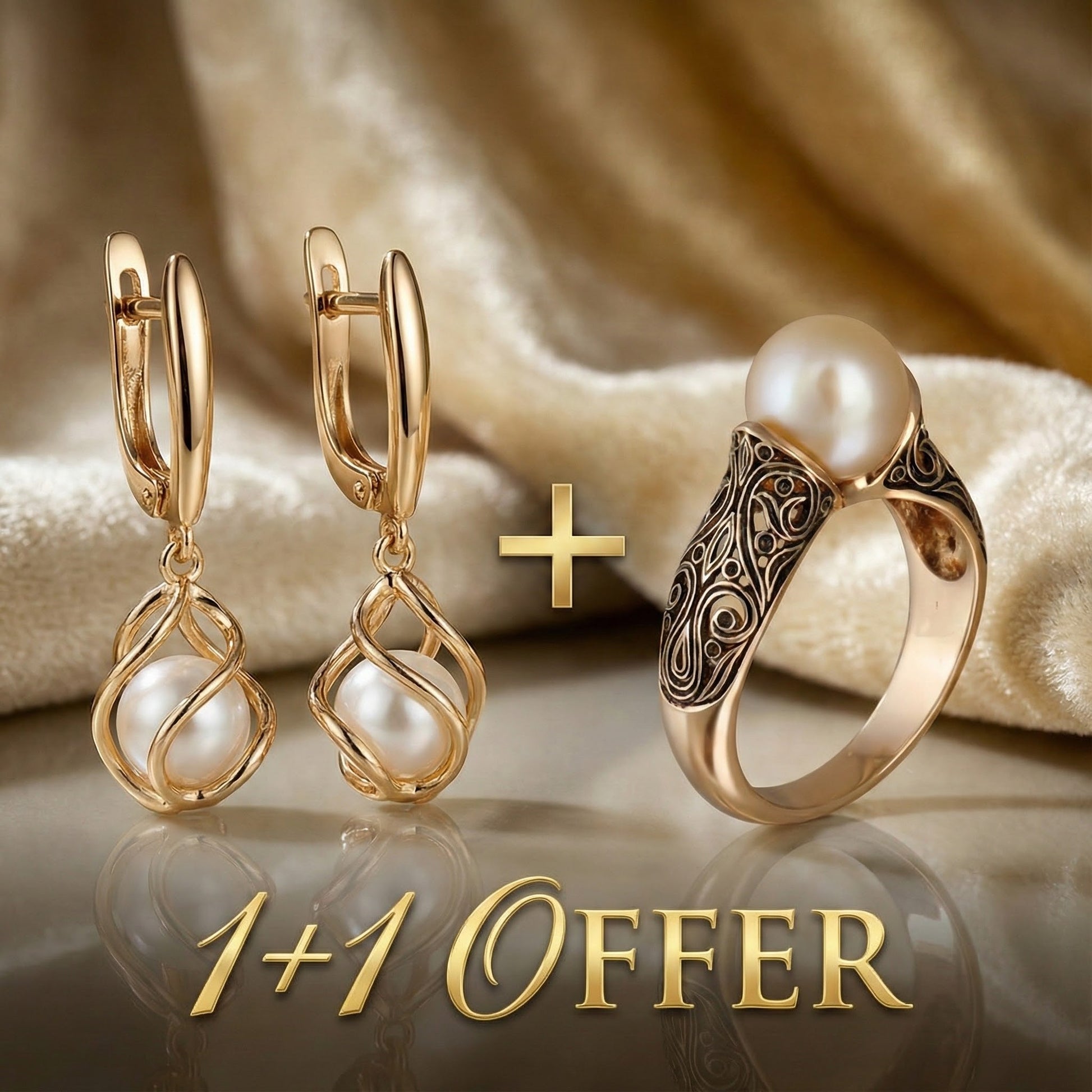 Buy One, Get One: Elegant Gold Pearl Earrings + Vintage Gold Ring with a Fancy Pearl Jula Jewelry