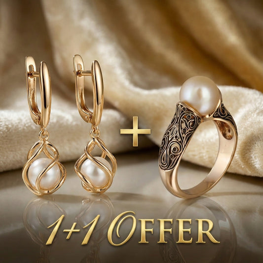 Buy One, Get One: Elegant Gold Pearl Earrings + Vintage Gold Ring with a Fancy Pearl Jula Jewelry