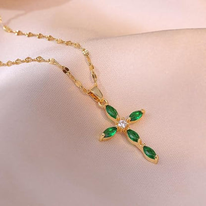 Emerald Gold Marquise Cross Pendant Necklace Jula Jewelry