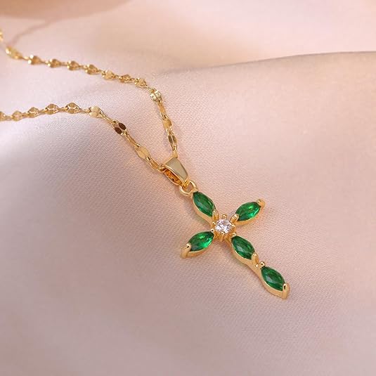 Emerald Gold Marquise Cross Pendant Necklace Jula Jewelry