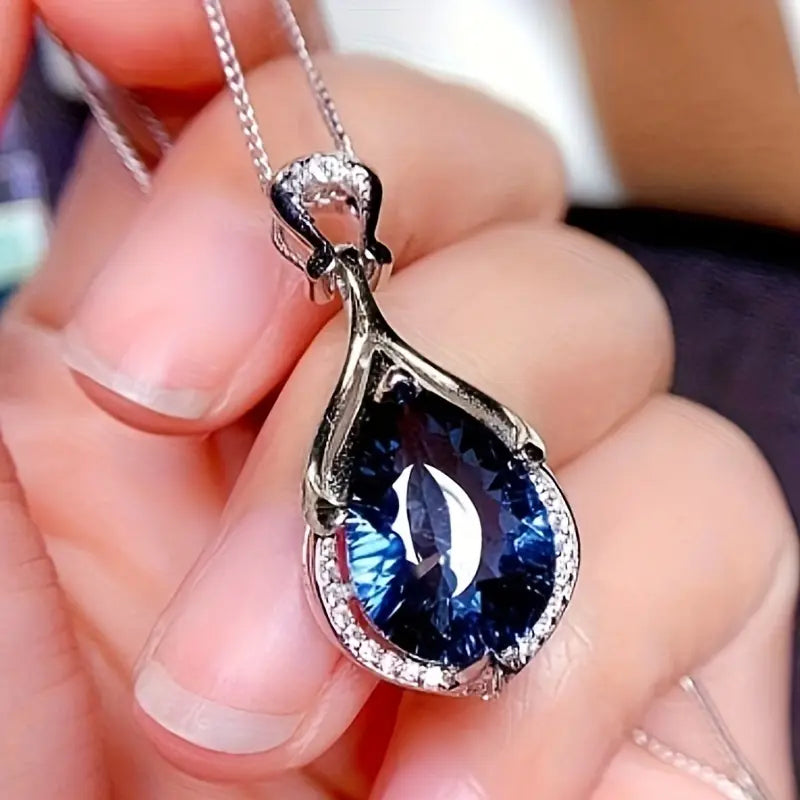 Silver Sapphire Teardrop Pendant Necklace Jula Jewelry
