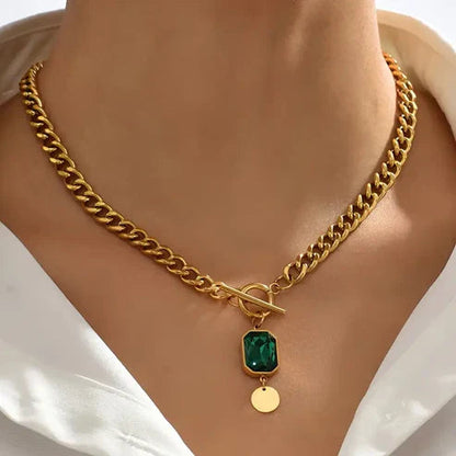 Chunky Chain Green Gem Pendant Necklace Jula Jewelry