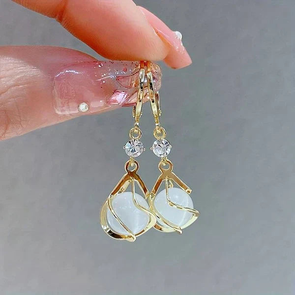 1+1 Offer: Vintage Gold Ring with Natural Design + Vintage White Opal Dangle Gold Earrings Jula Jewelry