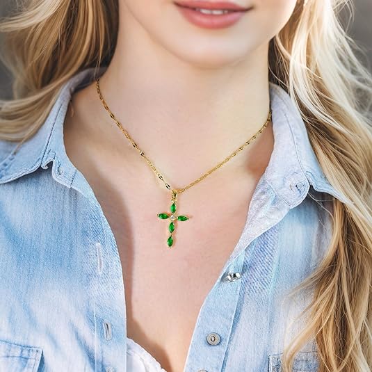Emerald Gold Marquise Cross Pendant Necklace Jula Jewelry