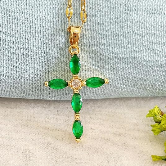 Emerald Gold Marquise Cross Pendant Necklace Jula Jewelry