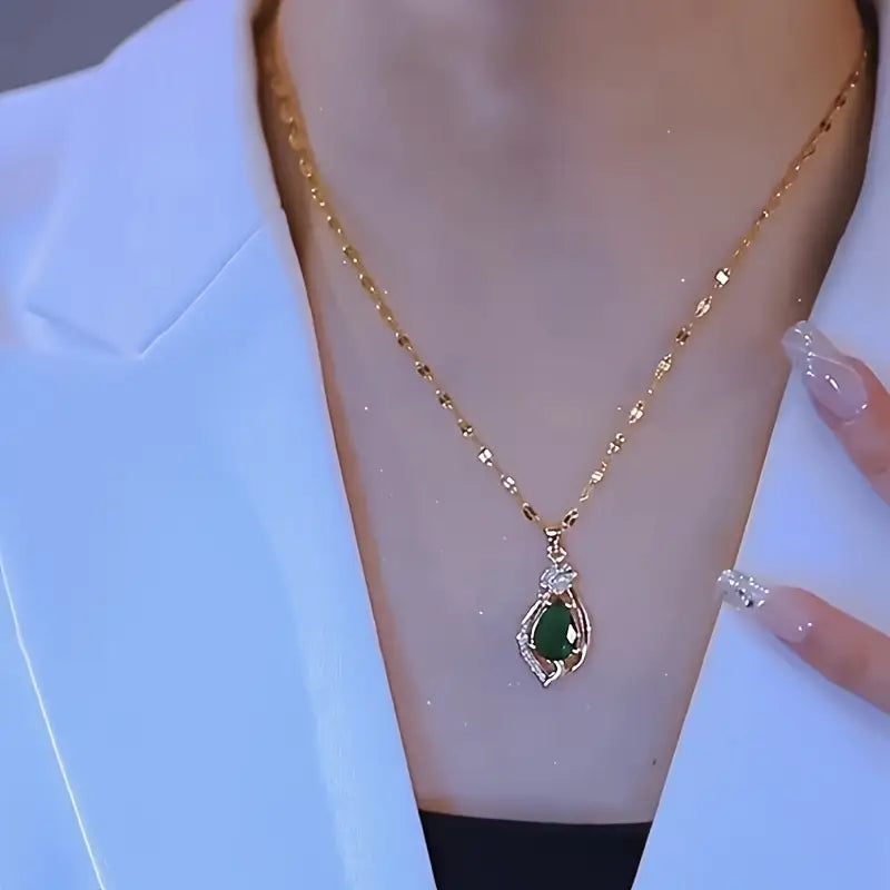 Gold Emerald Teardrop Pendant Chain Necklace Jula Jewelry