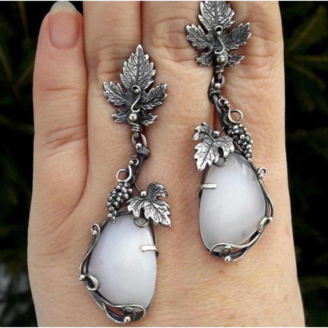 Boho Leaf Earrings with White Opal in Silver Sterling Jula Jewelry