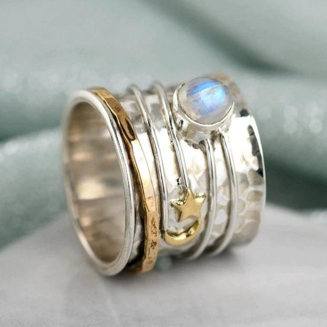 Star and Moon Moonstone Spinning Ring Jula Jewelry