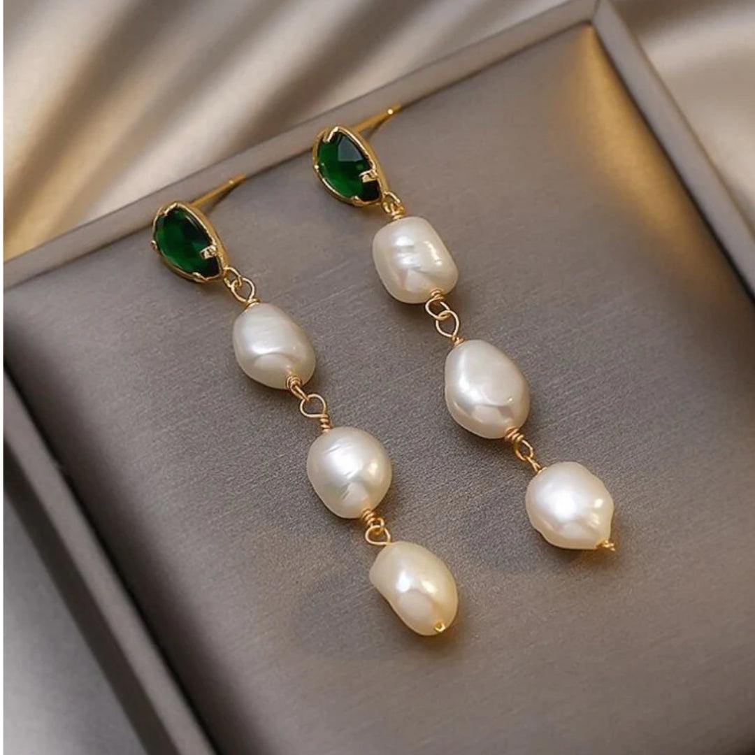 Emerald Pearl Drop Earrings in Gold Jula Jewelry