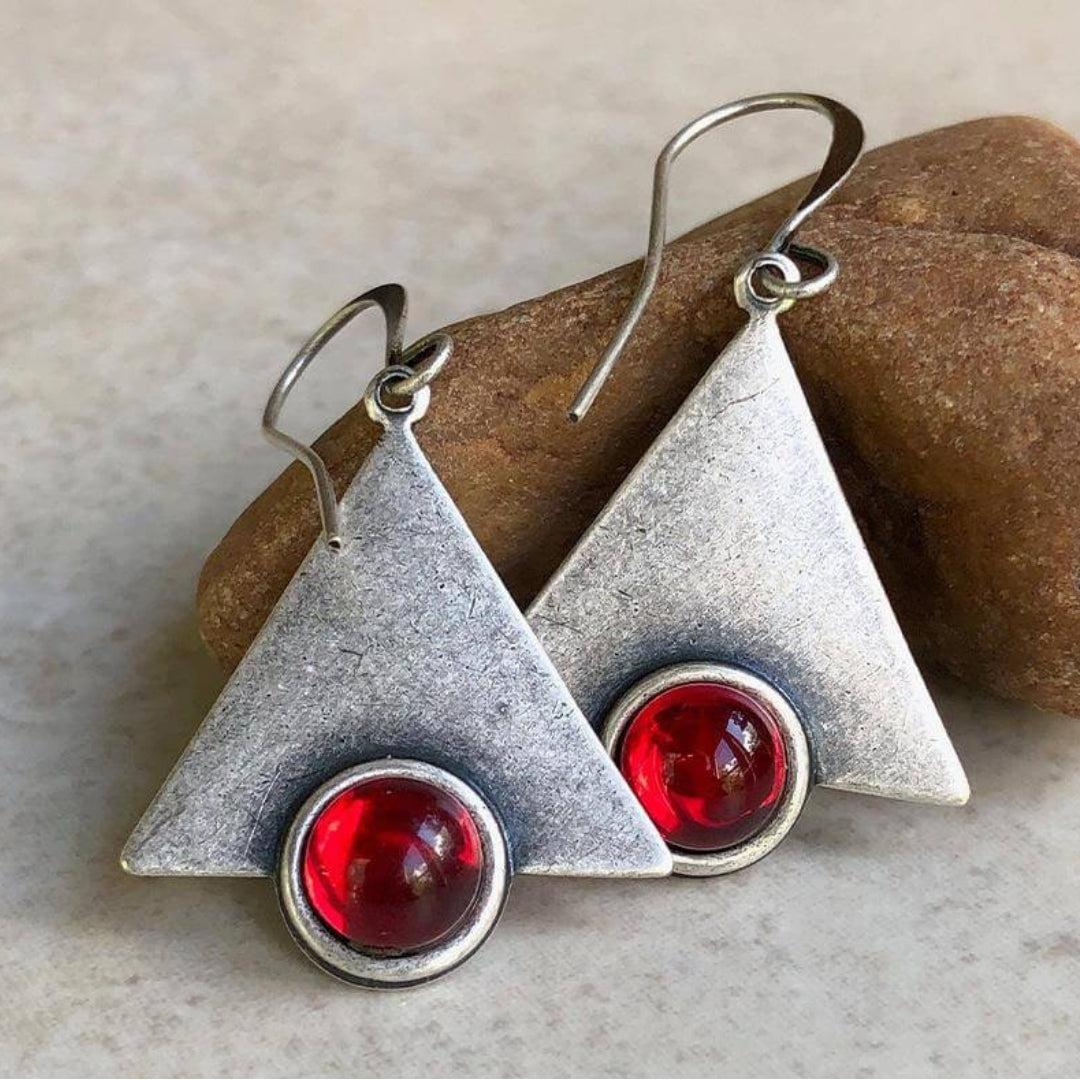Boho Triangle Earrings with Ruby Stones in Sterling Silver Jula Jewelry