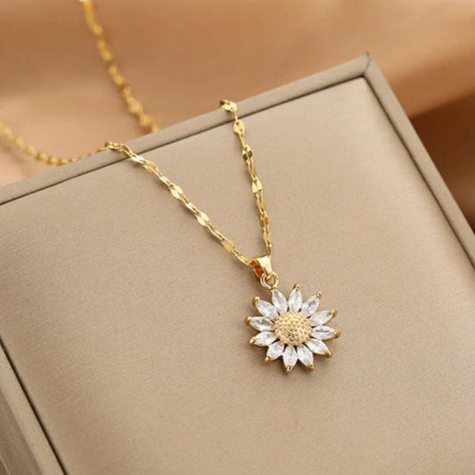 Golden Crystal Sunflower Pendant Necklace Jula Jewelry
