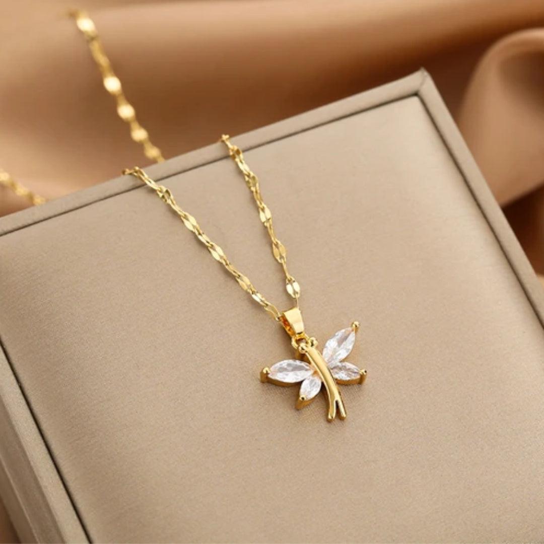 Golden Crystal Dragonfly Pendant Necklace Jula Jewelry