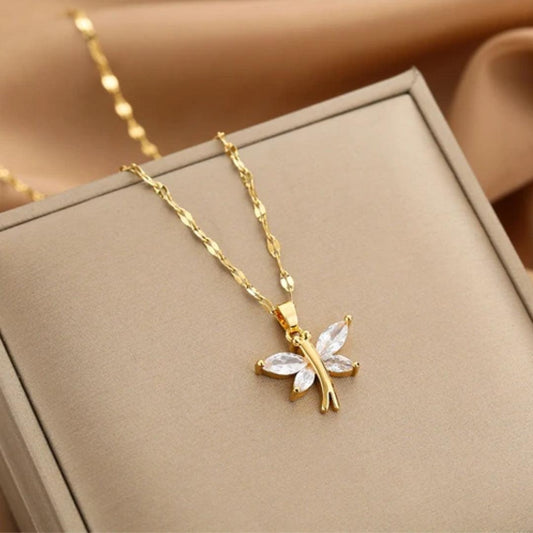 Golden Crystal Dragonfly Pendant Necklace Jula Jewelry