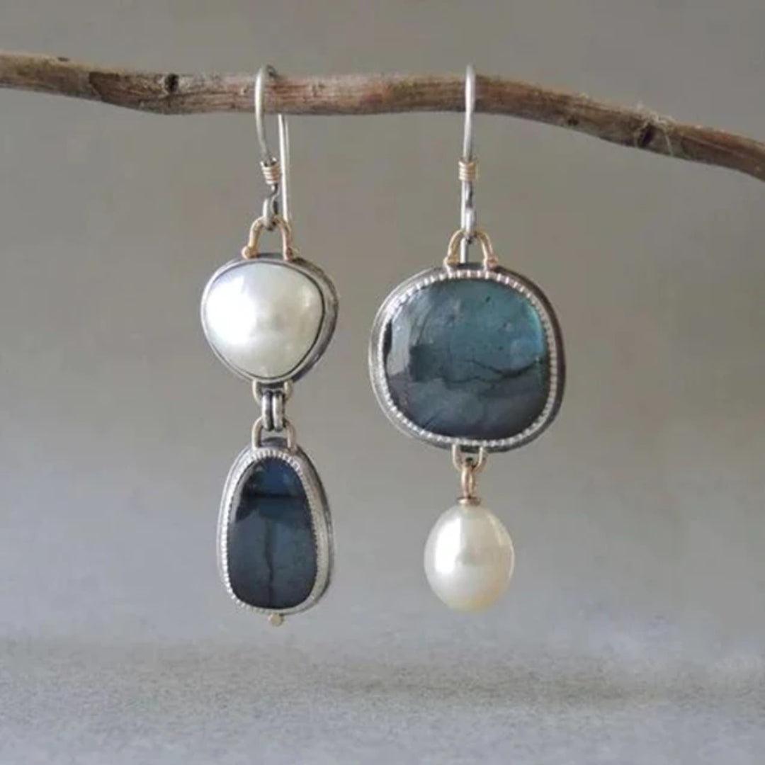 Vintage Blue Natural Stone and Pearl Earrings Jula Jewelry