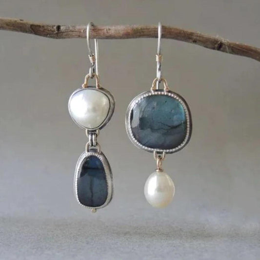 Vintage Blue Natural Stone and Pearl Earrings Jula Jewelry