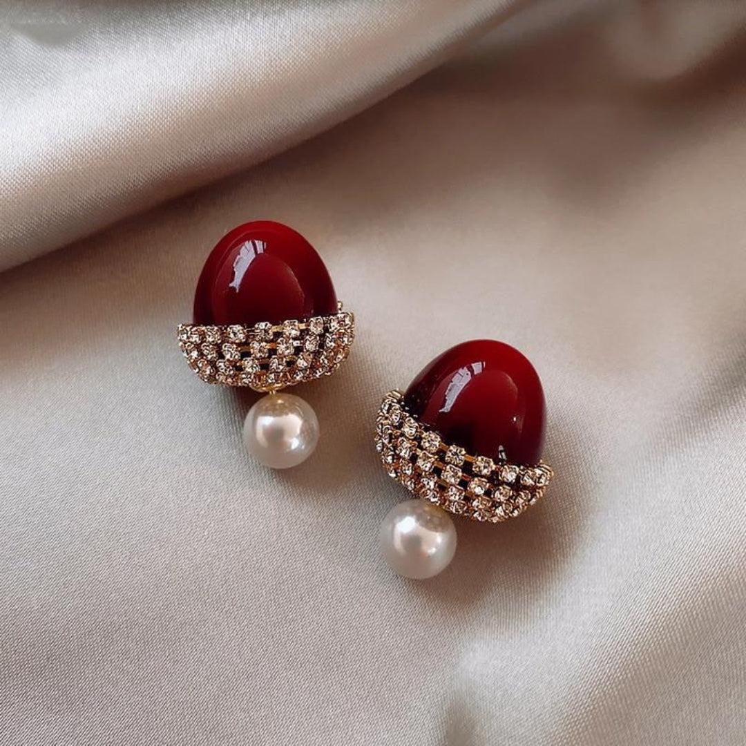 Red Hazelnut and Pearl Earrings Jula Jewelry