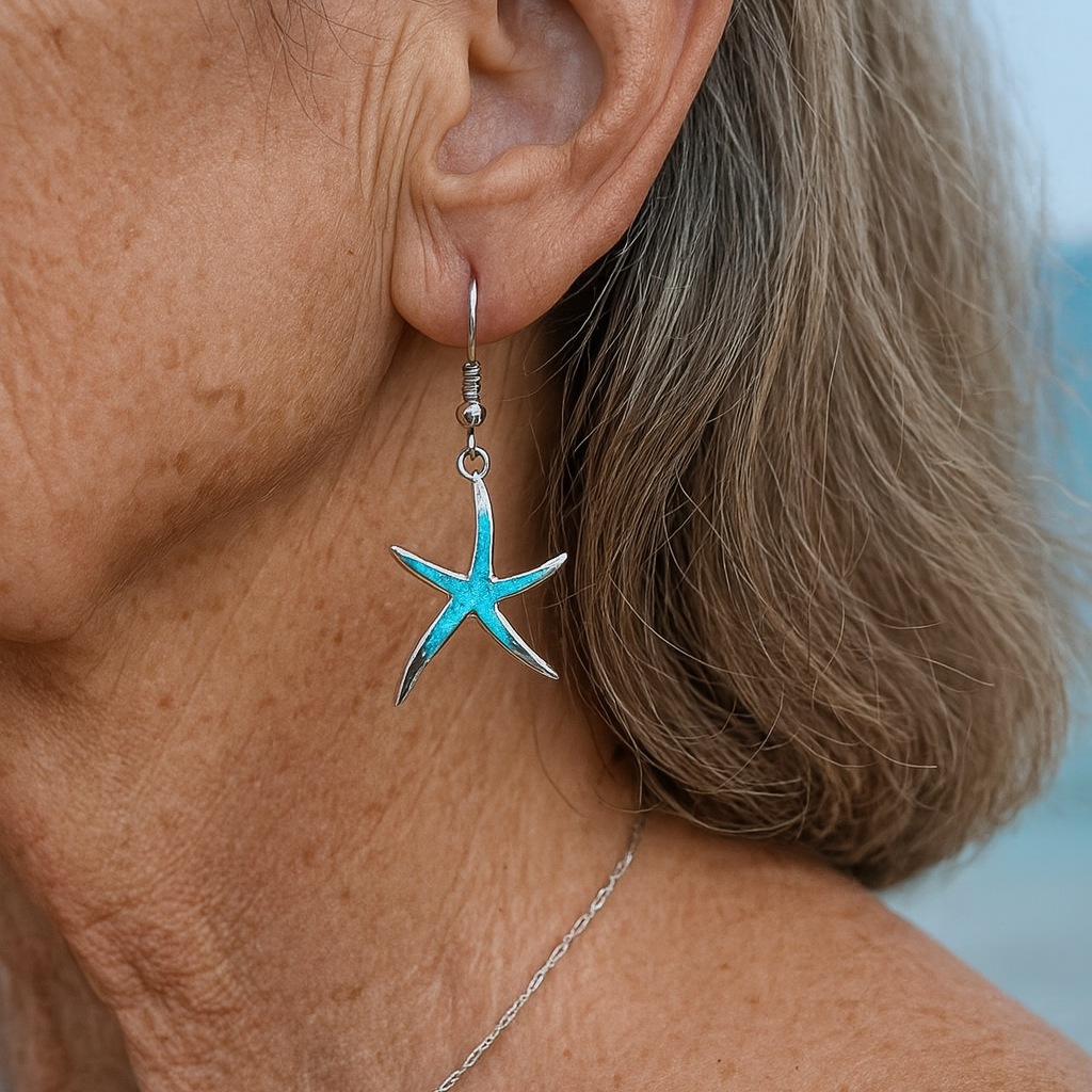 Opal and silver earrings shaped like starfish Jula Jewelry