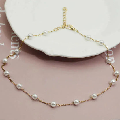 Gold Spaced Pearl Chain Pendant Necklace Jula Jewelry