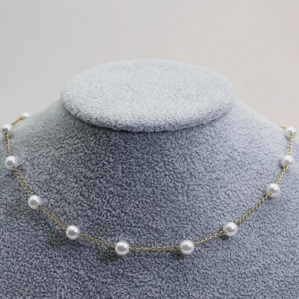 Gold Spaced Pearl Chain Pendant Necklace Jula Jewelry