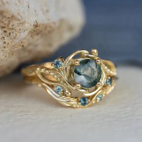 Rounded Moss Agate Natural Stone Gold Ring Jula Jewelry