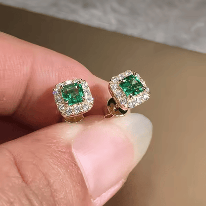 Emerald Gold Square Halo Stud Earrings Jula Jewelry