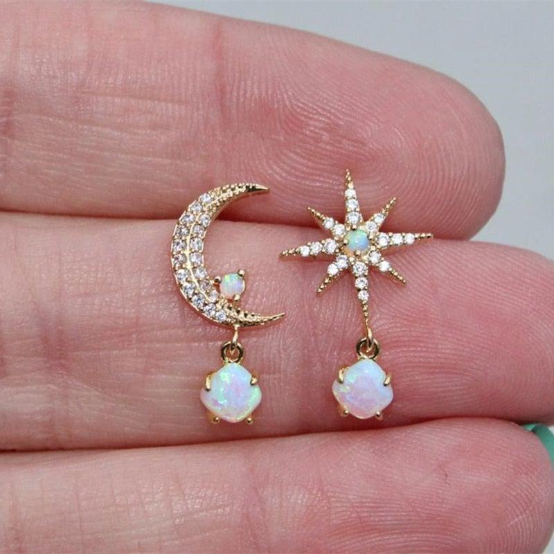 Gold and Opal Earrings with Moon and Star Design Jula Jewelry